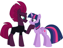 Size: 12560x9574 | Tagged: safe, alternate version, artist:ejlightning007arts, edit, character:tempest shadow, character:twilight sparkle, character:twilight sparkle (alicorn), species:alicorn, species:pony, species:unicorn, ship:tempestlight, my little pony: the movie (2017), broken horn, clothing, eye scar, female, hoof on chin, horn, jumpsuit, lesbian, scar, shipping, simple background, smiling, transparent background, vector