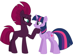 Size: 12560x9574 | Tagged: safe, alternate version, artist:ejlightning007arts, edit, character:tempest shadow, character:twilight sparkle, character:twilight sparkle (alicorn), species:alicorn, species:pony, species:unicorn, ship:tempestlight, my little pony: the movie (2017), broken horn, eye scar, female, hoof on chin, horn, lesbian, scar, shipping, simple background, smiling, transparent background, vector