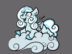 Size: 2776x2094 | Tagged: safe, artist:greyscaleart, oc, oc only, oc:snowdrop, species:pegasus, species:pony, g4, blind, cloud, colored hooves, female, filly, gray background, lying down, lying on a cloud, on a cloud, pegasus oc, prone, simple background, solo, three quarter view
