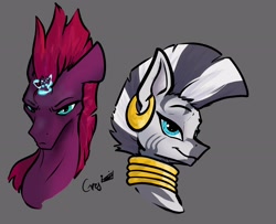 Size: 2558x2075 | Tagged: safe, artist:greyscaleart, character:tempest shadow, character:zecora, species:pony, species:unicorn, species:zebra, broken horn, bust, duo, ear piercing, earring, female, gray background, horn, jewelry, magic, mare, neck rings, piercing, portrait, simple background, sparks
