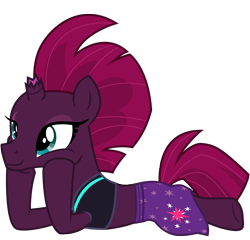 Size: 6356x6110 | Tagged: safe, alternate version, artist:ejlightning007arts, edit, character:tempest shadow, species:pony, species:unicorn, my little pony: the movie (2017), bikini, broken horn, clothing, cute, eye scar, hoof on cheek, horn, implied tempestlight, lying down, sarong, scar, simple background, smiling, swimsuit, transparent background