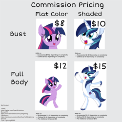 Size: 3001x3001 | Tagged: safe, artist:cyanlightning, character:shining armor, character:twilight sparkle, species:pony, species:unicorn, advertisement, bipedal, commission info, female, filly, filly twilight sparkle, high res, male, open mouth, smiling, solo, stallion, younger