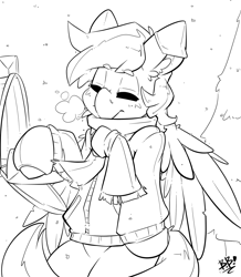 Size: 1743x2000 | Tagged: safe, artist:bbsartboutique, patreon reward, oc, oc:crisom chin, species:pegasus, species:pony, black and white, clothing, earmuffs, gloves, grayscale, mail, mailbox, monochrome, patreon, scarf, sketch, snow, solo, sweater, tree, wings