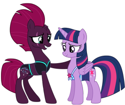 Size: 12012x10137 | Tagged: safe, alternate version, artist:ejlightning007arts, base used, character:tempest shadow, character:twilight sparkle, character:twilight sparkle (alicorn), species:alicorn, species:pony, species:unicorn, ship:tempestlight, bikini, broken horn, clothing, equestria girls outfit, eye scar, female, hoof on shoulder, horn, lesbian, mare, scar, shipping, simple background, smiling, swimsuit, transparent background, vector