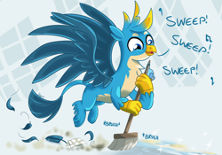 Size: 1542x1080 | Tagged: safe, artist:sintakhra, character:gallus, species:griffon, tumblr:studentsix, broom, chest fluff, cute, dust, feather, flying, gallabetes, male, singing, solo, sweeping, sweepsweepsweep