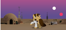 Size: 7744x3600 | Tagged: safe, artist:ejlightning007arts, oc, oc only, oc:ej, species:alicorn, species:pony, a new hope, alicorn oc, binary sunset, box, clothing, crossover, hill, horn, looking up, luke skywalker, raised hoof, spread wings, star wars, sunset, two suns, wings