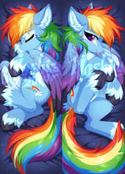 Size: 721x1000 | Tagged: safe, artist:hioshiru, character:rainbow dash, species:pegasus, species:pony, blep, body pillow, body pillow design, chest fluff, coat markings, colored wings, cute, dashabetes, ear fluff, eyes closed, female, heart eyes, leg fluff, mare, multicolored wings, obtrusive watermark, profile, solo, tail feathers, tongue out, unshorn fetlocks, watermark, wingding eyes, wings
