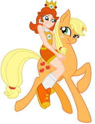 Size: 1214x1577 | Tagged: safe, artist:catsoulrialia, artist:user15432, base used, character:applejack, species:earth pony, species:human, species:pony, barely eqg related, barely pony related, clothing, crossover, crown, duo, ear piercing, earring, equestria girls style, female, human and pony, humans riding ponies, jewelry, mare, nintendo, piercing, pony ride, princess daisy, regalia, riding, shoes, socks, sports outfit, super mario bros., tennis shoe, tennis shoes