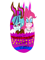 Size: 3024x4032 | Tagged: safe, artist:ktd1993, character:pinkie pie, character:sonata dusk, ship:pinata, my little pony:equestria girls, easter, female, holiday, lesbian, shipping, simple background, transparent background
