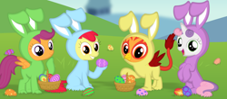 Size: 3544x1560 | Tagged: safe, artist:porygon2z, character:apple bloom, character:scootaloo, character:sweetie belle, oc, oc:heatwave, species:earth pony, species:griffon, species:pegasus, species:pony, species:unicorn, animal costume, bunny costume, clothing, costume, cute, cutie mark crusaders, easter, easter egg, egg, griffon oc, holiday