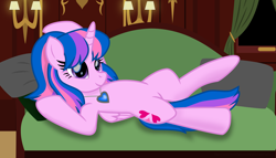 Size: 8239x4706 | Tagged: safe, alternate version, artist:ejlightning007arts, edit, oc, oc only, oc:hsu amity, species:alicorn, species:pony, alicorn oc, bedroom, couch, draw me like one of your french girls, heart of the ocean, horn, implied oc:ej, implied shipping, implied tempestlight, no text edit, offscreen character, pose, solo, titanic, wings, zoomed in