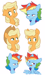 Size: 2689x4500 | Tagged: safe, artist:chub-wub, character:applejack, character:rainbow dash, species:earth pony, species:pegasus, species:pony, ship:appledash, applejack's hat, blushing, clothing, cowboy hat, female, hat, lesbian, mare, open mouth, shipping, simple background, smiling, smirk, white background