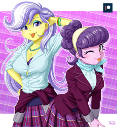 Size: 1000x1080 | Tagged: safe, artist:uotapo, character:suri polomare, character:upper crust, equestria girls:friendship games, g4, my little pony: equestria girls, my little pony:equestria girls, abstract background, adorasexy, ascot, blep, bra, breasts, busty suri polomare, busty upper crust, cleavage, clothing, colored pupils, crustabetes, crystal prep academy uniform, cute, duo, duo female, ear piercing, earring, female, flirting, infidelity, jewelry, lesbian, looking at you, one eye closed, piercing, plaid skirt, pleated skirt, purple underwear, school uniform, sexy, shipping, skirt, suribetes, suricrust, tongue out, underwear, wink