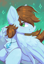 Size: 1016x1476 | Tagged: safe, artist:hioshiru, oc, oc only, oc:sorren, species:pegasus, species:pony, fluffy, green eyes, jewelry, looking at you, necklace, pose, solo