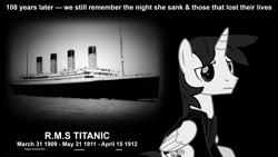 Size: 3840x2160 | Tagged: safe, artist:ejlightning007arts, oc, oc only, oc:ej, species:alicorn, species:pony, alicorn oc, black and white, grayscale, horn, monochrome, ocean, remember, sad, ship, sitting, titanic, wings