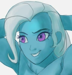 Size: 400x416 | Tagged: safe, artist:grissaecrim, character:trixie, species:pony, species:unicorn, my little pony:equestria girls, armpits, cropped, hands on head, looking offscreen, smiling