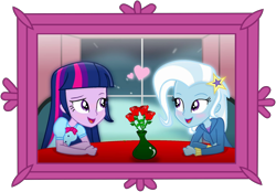 Size: 6250x4351 | Tagged: safe, artist:ejlightning007arts, artist:grapefruitface1, edit, character:trixie, character:twilight sparkle, ship:twixie, my little pony:equestria girls, blushing, bust, date, female, lesbian, portrait, shipping, simple background, transparent background