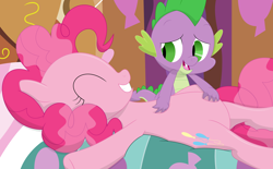Size: 3110x1929 | Tagged: safe, artist:porygon2z, character:pinkie pie, character:spike, species:dragon, species:earth pony, species:pony, bellyrubs, inkscape, vector