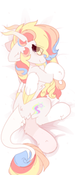 Size: 820x1920 | Tagged: safe, artist:little-sketches, oc, oc:rainbow dreams, species:pegasus, species:pony, blushing, body pillow, body pillow design, butt fluff, chest fluff, ear fluff, eye clipping through hair, horn, leonine tail, looking at you, two toned wings, wings, ych result