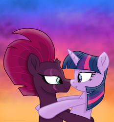 Size: 5900x6340 | Tagged: safe, alternate version, artist:ejlightning007arts, character:fizzlepop berrytwist, character:tempest shadow, character:twilight sparkle, species:pony, species:unicorn, ship:tempestlight, broken horn, eye scar, female, horn, implied kissing, lesbian, looking at each other, no text edit, romantic, scar, shipping, sunset
