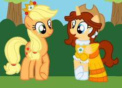 Size: 609x438 | Tagged: safe, artist:nibblesgerbil, artist:user15432, base used, character:applejack, species:alicorn, species:earth pony, species:pony, barely pony related, bush, clothing, crossover, crown, dress, ear piercing, earring, gloves, gown, hanging out, jewelry, nintendo, piercing, princess daisy, regalia, super mario bros., tree