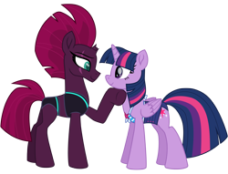 Size: 12560x9574 | Tagged: safe, alternate version, artist:ejlightning007arts, edit, character:fizzlepop berrytwist, character:tempest shadow, character:twilight sparkle, character:twilight sparkle (alicorn), species:alicorn, species:pony, species:unicorn, ship:tempestlight, bikini, blank flank, broken horn, clothing, equestria girls outfit, eye scar, female, hoof on chin, horn, lesbian, scar, shipping, simple background, swimsuit, transparent background