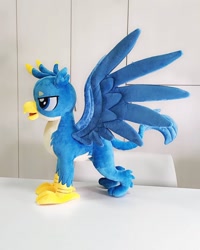 Size: 1440x1800 | Tagged: safe, artist:nekokevin, character:gallus, species:griffon, irl, lidded eyes, majestic, male, open mouth, photo, plushie, smiling, solo, spread wings, talons, teenager, wings