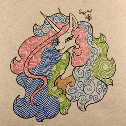 Size: 2048x2048 | Tagged: safe, artist:greyscaleart, character:princess celestia, species:alicorn, species:pony, bust, female, lidded eyes, looking at you, mare, paper, peytral, smiling, solo, traditional art