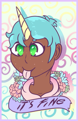 Size: 477x739 | Tagged: safe, artist:lazerblues, oc, oc only, oc:dirt cup, parent:snails, satyr, bust, flower, offspring, solo, tongue out