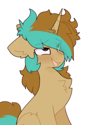 Size: 772x1032 | Tagged: safe, artist:little-sketches, derpibooru original, oc, oc only, oc:demi, oc:demiurgic theory, species:pony, species:unicorn, blushing, chest fluff, cute, eyes rolling back, fluffy, looking pleasured, male, messy mane, open mouth, pleased, simple background, solo, stallion, tongue out, transparent background