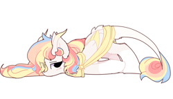 Size: 1398x798 | Tagged: safe, artist:little-sketches, oc, oc only, oc:rainbow dreams, species:pegasus, species:pony, blushing, ear fluff, eye clipping through hair, female, horn, horns, leonine tail, ribbon, simple background, solo, two toned wings, white background, wings, ych result
