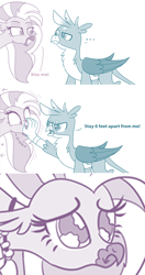 Size: 732x1382 | Tagged: safe, artist:sintakhra, edit, character:gallus, character:silverstream, species:griffon, species:hippogriff, ship:gallstream, ..., coronavirus, covid-19, cute, diastreamies, edit of an edit of an edit, edited edit, female, gallabetes, gallus is not amused, kiss me, male, no, out of context, parody, sad, shipping, shipping denied, smiling, smirk, social distancing, straight, text edit, unamused
