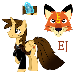 Size: 4524x4310 | Tagged: safe, alternate version, artist:ejlightning007arts, base used, oc, oc only, oc:ej, species:alicorn, species:fox, species:pony, alicorn oc, clothing, cutie mark, glowing horn, horn, jacket, magic, male, raised hoof, shirt, simple background, smiling, stallion, transparent background, vector, wings