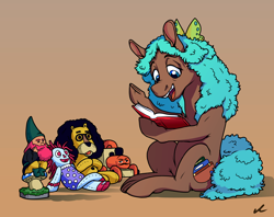 Size: 4478x3547 | Tagged: safe, artist:docwario, oc, oc only, oc:birdie, species:earth pony, species:pony, book, gradient background, high res, plushie, reading, solo, toy