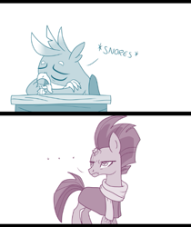 Size: 479x571 | Tagged: safe, artist:sintakhra, character:fizzlepop berrytwist, character:gallus, character:tempest shadow, species:griffon, species:pony, tumblr:studentsix, ..., clothing, comic, cropped, desk, onomatopoeia, sleeping, sleeping in class, snoring, sound effects, tempest shadow is not amused, this will end in detention, tongue out, unamused, zzz