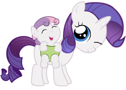 Size: 1500x1080 | Tagged: safe, artist:beavernator, character:rarity, character:sweetie belle, species:pony, baby, baby belle, baby carrier, baby pony, cute, diasweetes, equestria's best big sister, filly, foal, one eye closed, raribetes, side carrying, sweet dreams fuel, weapons-grade cute, wink