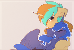 Size: 1518x1032 | Tagged: safe, artist:little-sketches, character:princess luna, oc, oc:demi, oc:demiurgic theory, species:alicorn, species:pony, species:unicorn, blushing, canon x oc, couple, cuddling, cute, dawwww, duo, female, floppy ears, fluffy, happy, hnnng, hug, love, male, precious, shipping, simple background, size difference, smiling, snuggling, straight, sweet dreams fuel, weapons-grade cute, wholesome