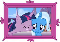 Size: 6250x4351 | Tagged: safe, artist:ejlightning007arts, artist:themexicanpunisher, edit, character:trixie, character:twilight sparkle, ship:twixie, bust, female, kiss on the cheek, kissing, lesbian, portrait, shipping