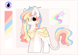 Size: 1676x1192 | Tagged: safe, artist:little-sketches, oc, oc:rainbow dreams, species:pegasus, species:pony, color palette, colored horn, cutie mark, ear fluff, eye clipping through hair, female, hair over one eye, horn, leonine tail, reference sheet, ribbon, two toned wings, wings