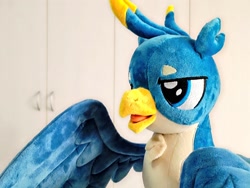 Size: 1024x768 | Tagged: safe, artist:nekokevin, character:gallus, species:griffon, close-up, irl, male, open mouth, photo, plushie, smiling, solo, teenager