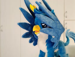 Size: 2048x1536 | Tagged: safe, artist:nekokevin, character:gallus, species:griffon, close-up, irl, male, open mouth, photo, plushie, smiling, solo, spread wings, teenager, wings