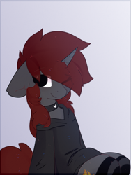 Size: 819x1092 | Tagged: safe, artist:little-sketches, oc, oc:ember stone, species:pony, species:unicorn, choker, clothing, female, hair over one eye, hoodie, looking at you, mare, one eye closed, smiling, solo, wink