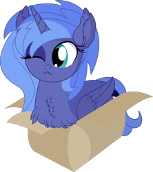 Size: 6248x7029 | Tagged: safe, artist:cyanlightning, character:princess luna, species:alicorn, species:pony, .svg available, :3, absurd resolution, behaving like a cat, box, chest fluff, cute, ear fluff, female, if i fits i sits, lunabetes, mare, missing accessory, pony in a box, s1 luna, simple background, solo, transparent background, vector