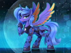 Size: 4400x3260 | Tagged: safe, artist:nekokevin, character:princess luna, species:alicorn, species:pony, g4, armor, colored wings, female, high res, lidded eyes, looking at you, mare, multicolored wings, open mouth, raised hoof, s1 luna, solo, spread wings, style emulation, three quarter view, two toned wings, warrior, warrior luna, wings, zoom layer