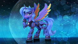 Size: 3200x1800 | Tagged: safe, alternate version, artist:nekokevin, character:princess luna, species:alicorn, species:pony, armor, female, future, high res, lidded eyes, looking at you, mare, raised hoof, s1 luna, soldier, solo, style emulation, zoom layer