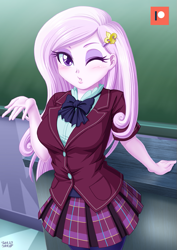 Size: 707x1000 | Tagged: safe, artist:uotapo, character:fleur-de-lis, equestria girls:friendship games, g4, my little pony: equestria girls, my little pony:equestria girls, adorasexy, barrette, beautiful, beautisexy, blowing a kiss, blushing, bow, clothing, crystal prep academy uniform, cute, cutie mark accessory, eyelashes, eyeshadow, female, fleurabetes, flirting, leggings, lips, looking at you, makeup, miss fleur is trying to seduce us, one eye closed, patreon, patreon logo, plaid skirt, pleated skirt, school uniform, schoolgirl, sexy, skirt, solo, wink