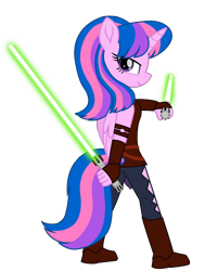 Size: 7594x10058 | Tagged: safe, artist:ejlightning007arts, oc, oc only, oc:hsu amity, species:alicorn, species:anthro, species:pony, ahsoka tano, alicorn oc, anthro oc, clothing, costume, crossover, dual wield, horn, jedi, lightsaber, looking back, simple background, star wars, transparent background, vector, weapon, wings
