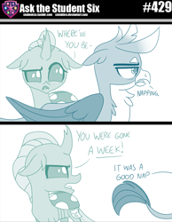 Size: 800x1033 | Tagged: safe, artist:sintakhra, character:gallus, character:ocellus, species:changeling, species:griffon, species:reformed changeling, tumblr:studentsix, 2 panel comic, behaving like a cat, comic, dialogue, female, looking back, male, ocellus is not amused, post-it, unamused