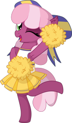 Size: 4976x8529 | Tagged: safe, artist:cyanlightning, character:cheerilee, species:earth pony, species:pony, .svg available, absurd resolution, armpits, bipedal, bow, cheeribetes, cheerileeder, cheerleader, clothing, cute, female, hair bow, looking at you, mare, one eye closed, pom pom, simple background, skirt, solo, transparent background, vector, wink