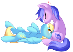 Size: 4682x3326 | Tagged: safe, artist:scarlet-spectrum, character:sassaflash, character:sea swirl, species:pegasus, species:pony, species:unicorn, ship:sassaswirl, background pony, blushing, boop, commission, cute, duo, duo female, eyes closed, female, heart, lesbian, mare, noseboop, nuzzling, on back, shipping, simple background, sitting, transparent background, ych result